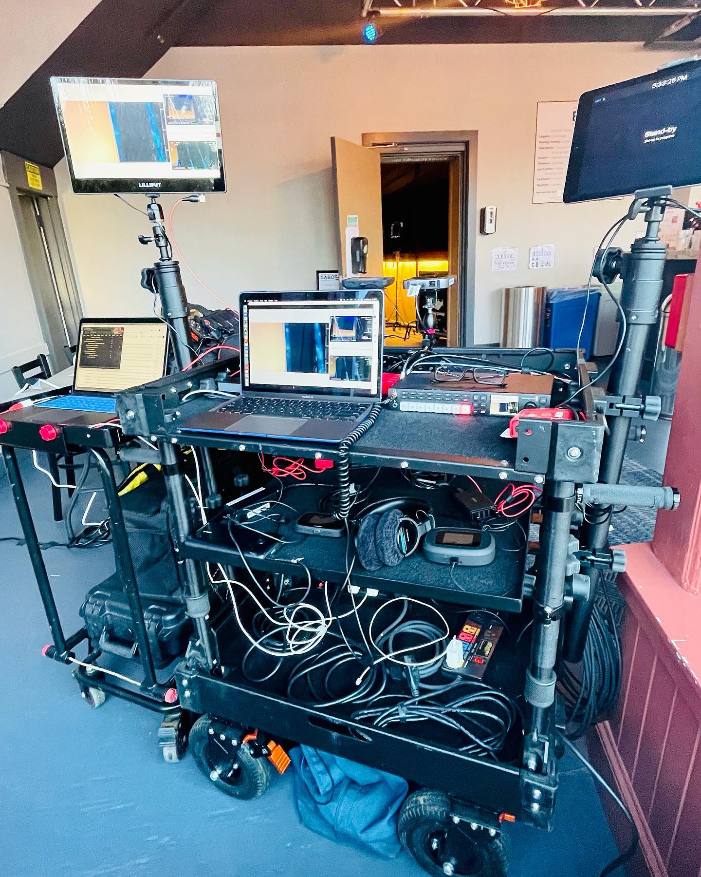 Remote zoom production streaming for a multi-camera shoot at the Cabot Theatre in Beverly, MA. Finishing off the year with some fun gigs. Can’t wait for what 2022 will bring?! #setlife #inovativcarts #mushroomnetworks #bondedinternet #blackmagicatem